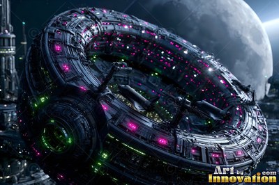 A dark ring space station with pink lights near a moon