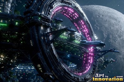 Pink lights line the inner ring of a dark space station orbiting a gray moon