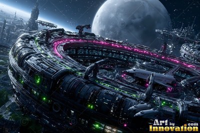 A circular space station orbits above a moon, dotted with bright magenta and green lights