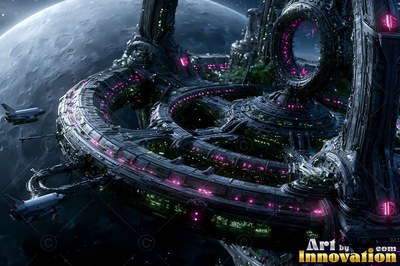 Tilted in orbit near a cratered moon, a circular space station shines with pink lights