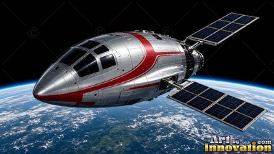 A silver spacecraft with red stripes and solar panels orbits high above Earth