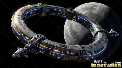 In dark orbit beside the moon, a circular ring station floats with docked ships