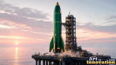 Standing on an ocean platform at sunrise, a green rocket vents steam before launch