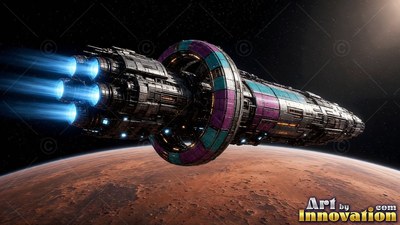 A spaceship with purple rings flying over a red planet