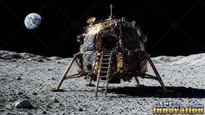 Gold foil wraps a lunar lander sitting on the gray moon with Earth in the black sky