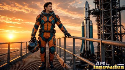 An astronaut stands on a high gantry by a rocket under an orange sunrise