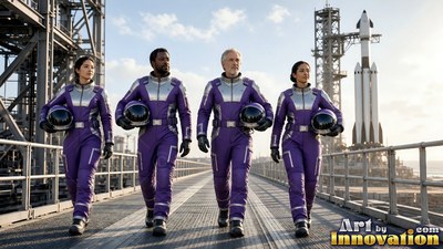 Walking forward on a bridge, four astronauts in purple suits hold helmets