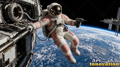 An astronaut in a white and red suit floats outside a space station holding a tool