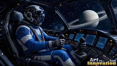 In a spaceship cockpit, an astronaut in a blue suit flies toward Saturn