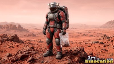 Holding a sample bag, an astronaut in a red spacesuit stands on rocky red ground