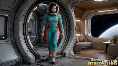 Astronaut in a teal and orange suit walking through a spaceship doorway