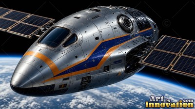 Silver hull marked with blue stripes on a spacecraft orbiting above Earth's clouds
