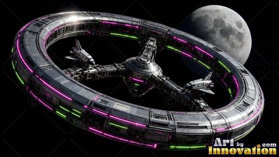 A circular space station orbits near the moon, lined with pink and green strip lights