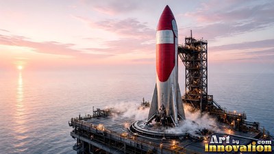 Standing upright on an ocean launch pad, a red and silver rocket at sunrise