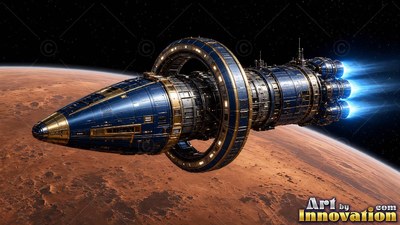 A blue and gold spaceship flies over a red planet with its blue thrusters firing