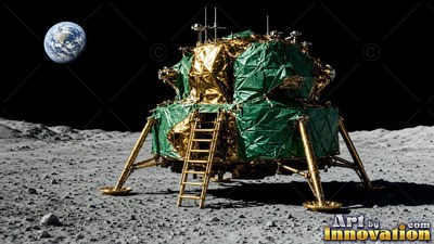 On the gray surface of the moon, a gold and green lunar lander rests under the Earth