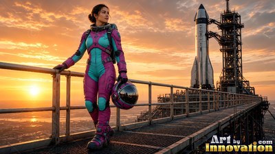 Walking along a launch platform, an astronaut holds a helmet near a rocket at sunset