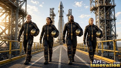 Four astronauts in black suits walk along a launch pad bridge