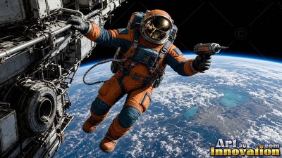 Clad in an orange and blue suit, an astronaut floats outside a station above Earth