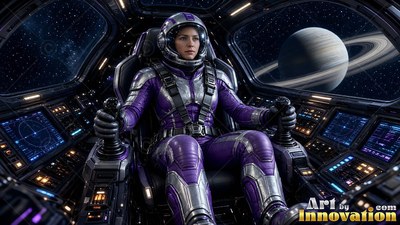 An astronaut sits at the spaceship controls, lit by blue screen light before Saturn