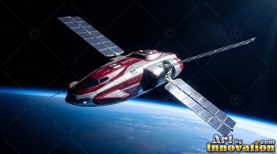 Angled downward in orbit, a red and white spacecraft flies over Earth