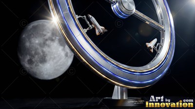 A round metal space station with two shuttles docked near a gray moon