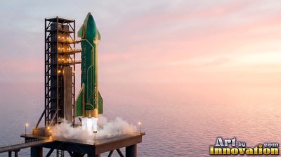 On an ocean platform at sunset, a green and gold rocket fires its engines to launch