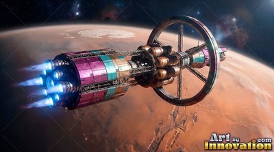 Firing blue rocket thrusters, a colorful ringed spaceship orbits a red planet