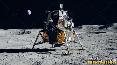 Gold and silver lunar lander on the gray moon surface under black space