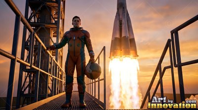 An orange spacesuit on an astronaut on a launch tower as a rocket lifts off at sunset
