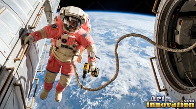 Floating outside an open airlock, an astronaut holds a handrail above Earth