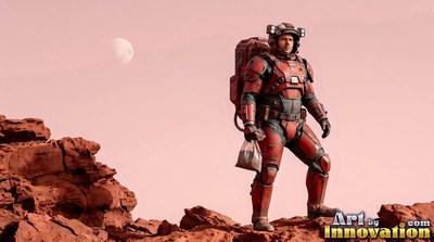On a red rocky ridge, an astronaut in a crimson suit stands holding a small bag