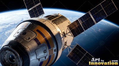 Space capsule with solar panels orbiting Earth