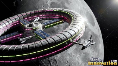 Pink and green neon strips line a wheel space station orbiting near the gray Moon