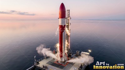 A red and white rocket releases white steam from a platform in pale dawn light