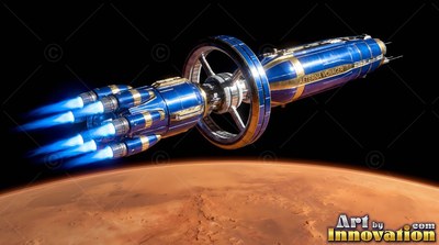 Tilted sideways above a red planet, a blue spaceship fires bright rocket engines