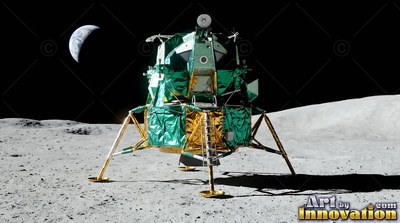 A green and gold lunar lander sits on the gray Moon with Earth in the black sky
