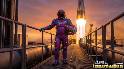 On a high metal walkway, an astronaut in a purple suit stands as a rocket launches