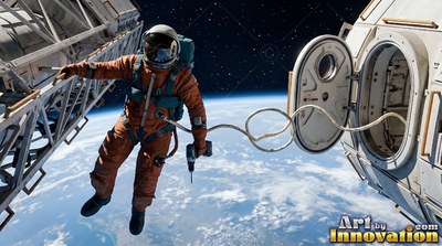 An astronaut in an orange suit floats outside a space station hatch