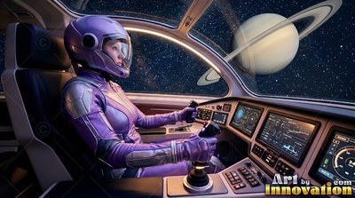 Wearing a purple spacesuit, an astronaut steers a spaceship cockpit past Saturn