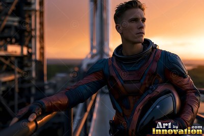 An astronaut stands holding a helmet, looking into the warm orange sunset