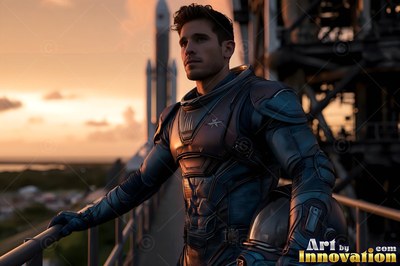 Turned sideways, an astronaut stands on a high gantry at sunset by a rocket
