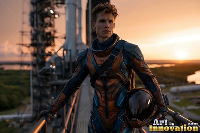 An astronaut in a blue and orange flight suit holds a helmet at sunset