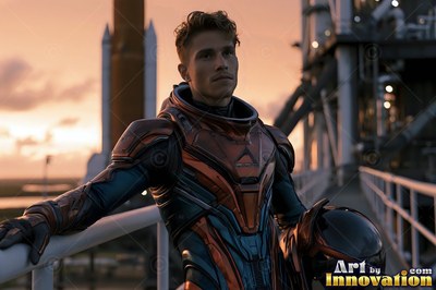 On a launch platform at dawn, an astronaut in an orange suit holds a helmet