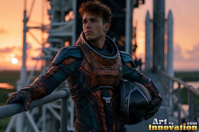 Holding a black helmet at dawn, an astronaut in an orange suit stands on a walkway
