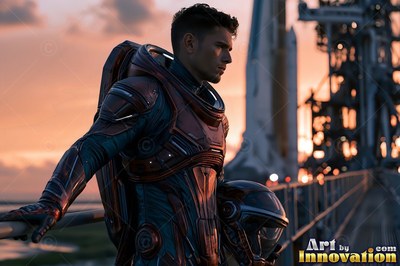 An astronaut stands on a launch bridge carrying a helmet in warm evening light