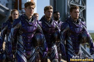Walking forward outdoors, astronauts in purple and silver suits carry helmets