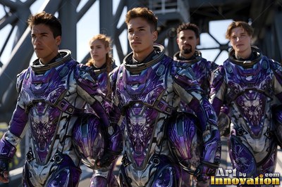 Five astronauts walk together in purple and silver spacesuits outdoors