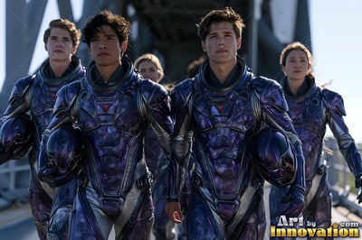 On a steel bridge, astronauts in purple spacesuits walk forward together holding helmets