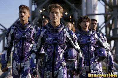 Walking forward together, astronauts in purple and silver spacesuits carry helmets outdoors